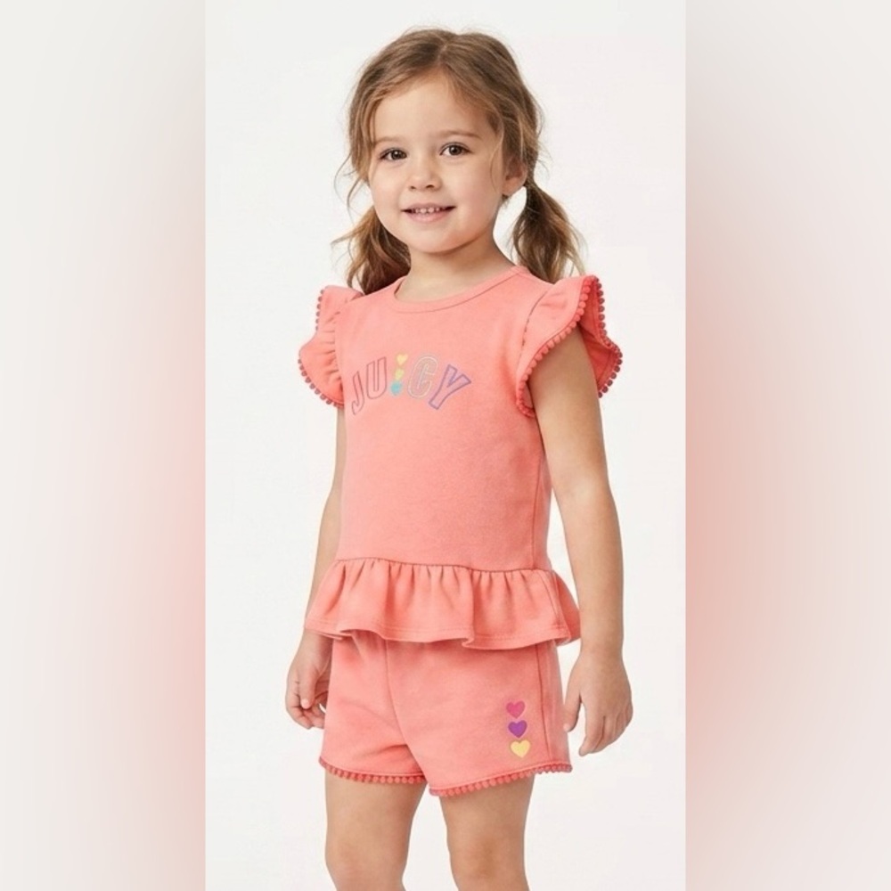 Juicy Couture Girls 2-Piece Ruffle Pom Pom Shorts Set Salmon Pink/Coral Size 4